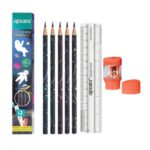 The Apsara Spacekids Extra Dark Pencils - Pack of 10 packaging, showing the free accessories.