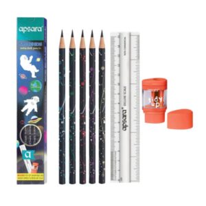 The Apsara Spacekids Extra Dark Pencils - Pack of 10 packaging, showing the free accessories.