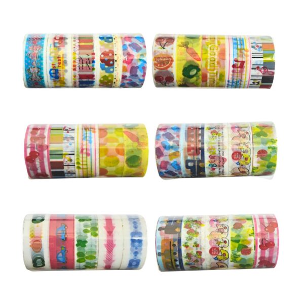 Set of 5 Assorted Designs Washi Tapes rolls, displaying various patterns.