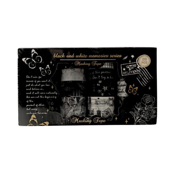 A set of 20 Black and White Memories Washi Tapes arranged to show their unique patterns.