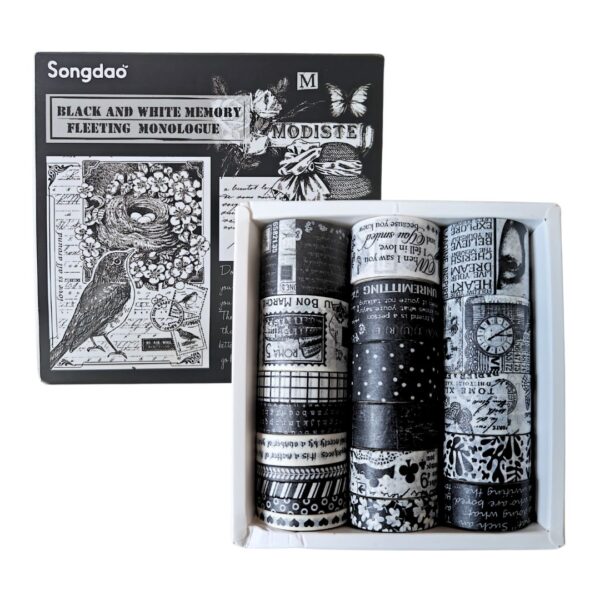 A set of 20 Black and White Memory Vintage Washi Tapes showing various retro patterns and widths.