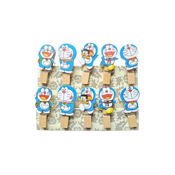 A set of Doraemon Wooden Clips displaying various Doraemon poses.