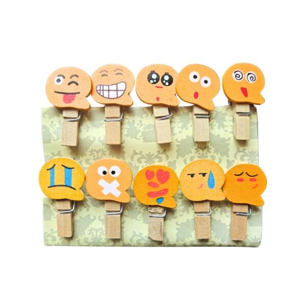 A set of Emojis Wooden Clips displaying various emoji faces.