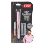 Flair Inky Matrix Fountain Pen, showcasing its sleek design, ink cartridges, converter, and jumbo cartridge.