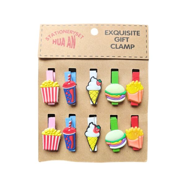 A set of Fast Food Wooden Clips displaying various fast food items (burger, fries, ice-cream, etc.)