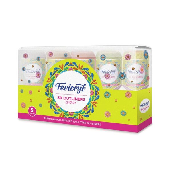 A set of 5 Fevicryl 3D Outliners Glitter Kit tubes in assorted glitter colours.