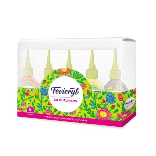 A set of 5 Fevicryl 3D Outliners Regular Kit tubes in assorted colours.