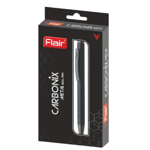 Flair Carbonix Metal Ball Pen showcasing its carbon black body and retractable mechanism.