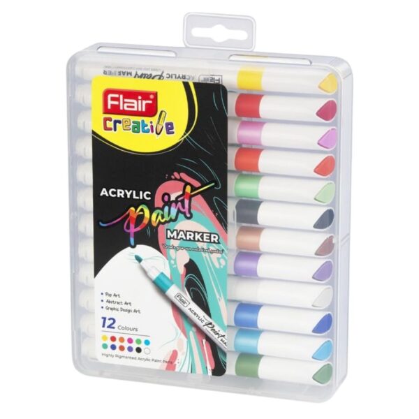 Flair Creative Acrylic Paint Markers - 12 Shades set, displaying the markers and their vibrant colours.