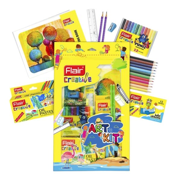 Close-up of the Flair Creative Art Kit's Miniz Sketch Pens and Wax Crayons.