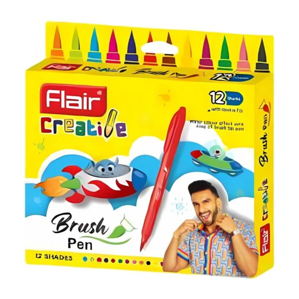 Flair Creative Brush Pens - 12 Shades set, displaying the full range of colours and flexible brush tips.