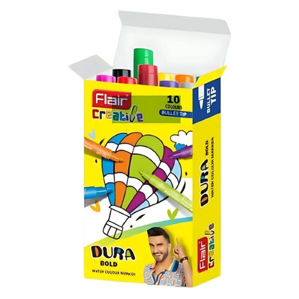 Flair Creative Dura Bold Water Colour Markers - 10 Shades set, displaying the markers and their bullet tips.