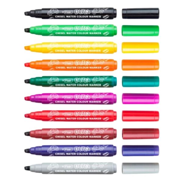 Flair Creative Dura Chisel Water Colour Markers - 10 Shades set, displaying the markers and their chisel tips.
