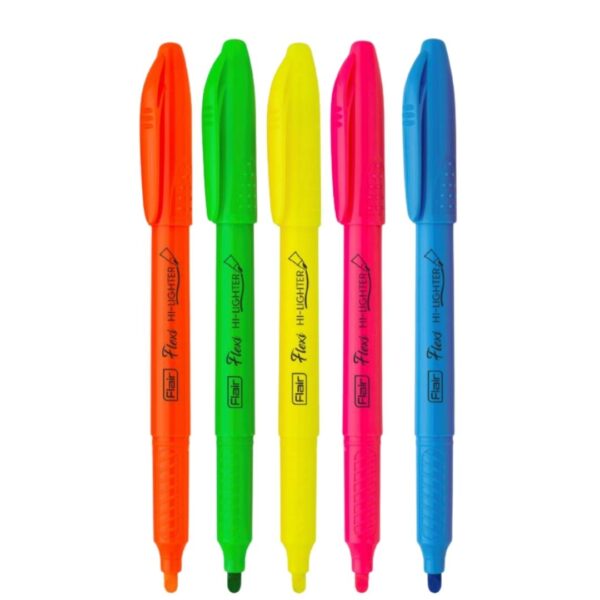 Flair Flexi Hi-lighter - 05 Colours pack, displaying the five highlighters and their flexible tips.