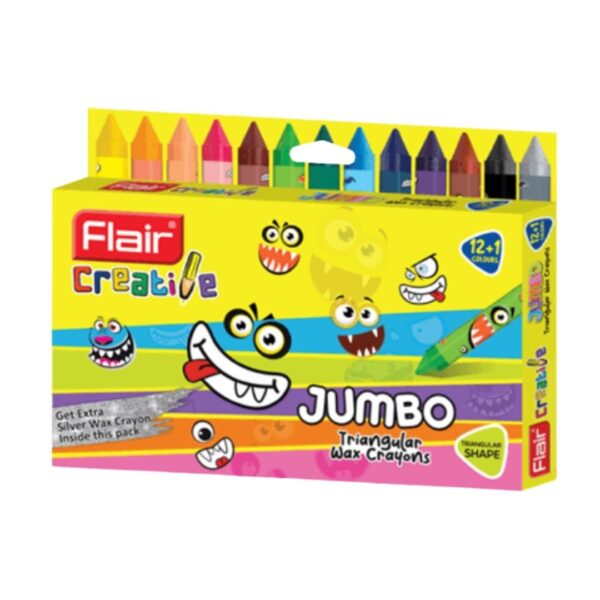 Flair Creative Jumbo Wax Crayons - 12 Shades pack, showing the triangular shape and jumbo size.