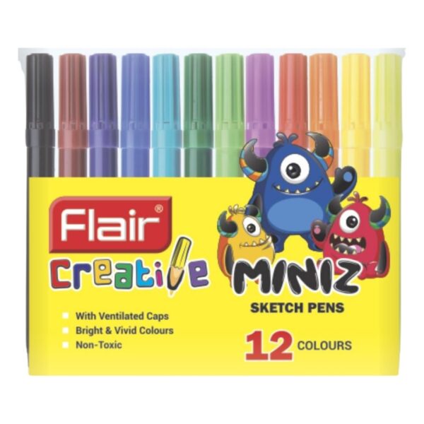Flair Creative Miniz Sketch Pens - 12 Shades set, displaying the small pens in their bright colours.