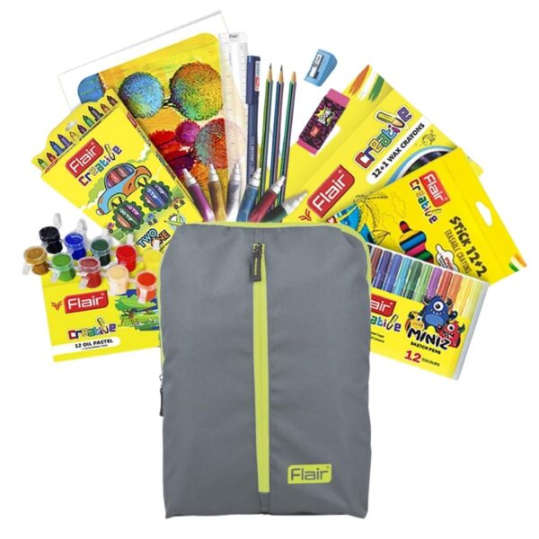 Flair Creative Premium Kit with the backpack open, displaying all the art supplies neatly arranged.