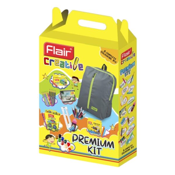 Flair Creative Premium Kit with the backpack open, displaying all the art supplies neatly arranged.