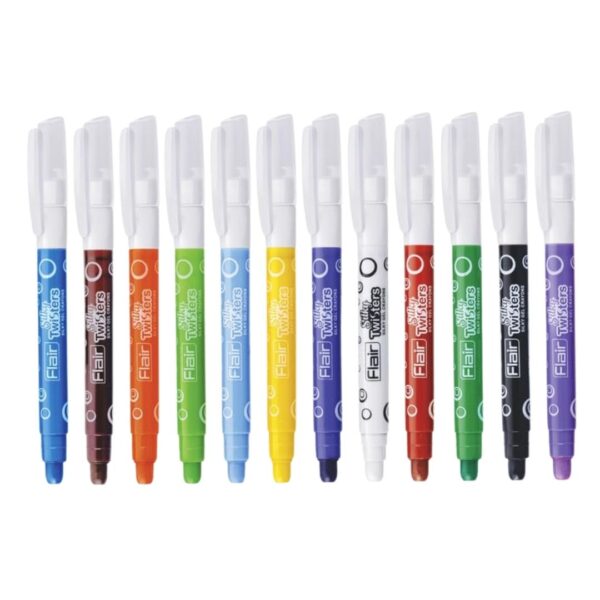 Flair Silky Twisters Gel Crayons - 12 Shades set, showing the colours and twist-up mechanism.