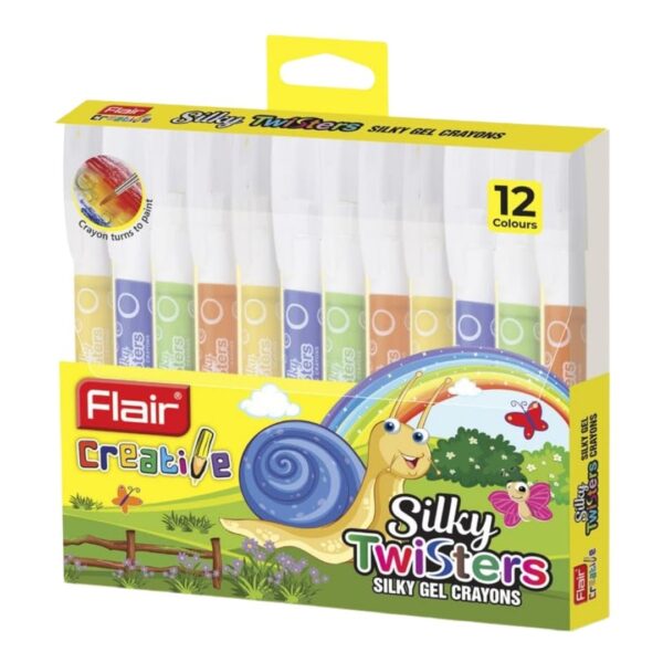 Flair Silky Twisters Gel Crayons - 12 Shades set, showing the colours and twist-up mechanism.