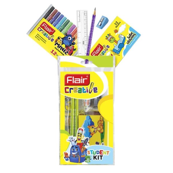 Close-up of the Flair Creative Student Kit's Wax Crayons and Miniz Sketch Pens.