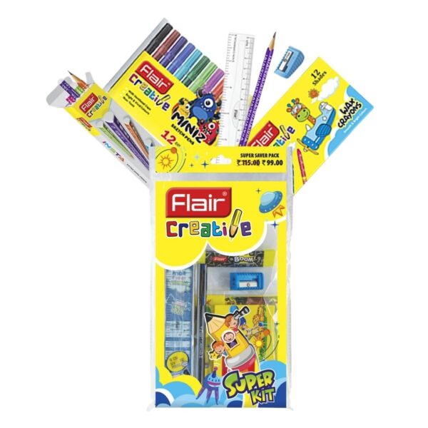 Close-up of the Flair Creative Super Kit's Wax Crayons and Miniz Sketch Pens.