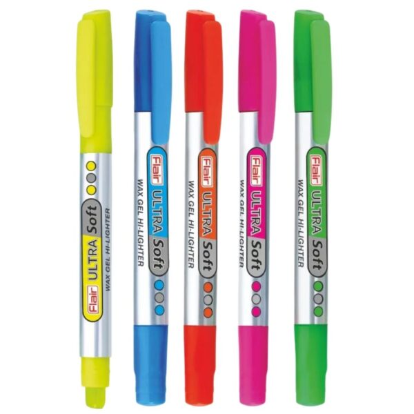 Close-up of a Flair Ultra Soft Wax Gel Hi-Lighter's twist mechanism and flat tip.