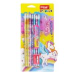 The Flair Creative Unicorn Xtra Dark Pencils Set displayed with pencils, eraser, and sharpener.