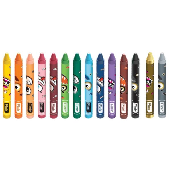 Flair Creative Extra Long Wax Crayons - 12 Shades pack, displaying the length of the crayons.