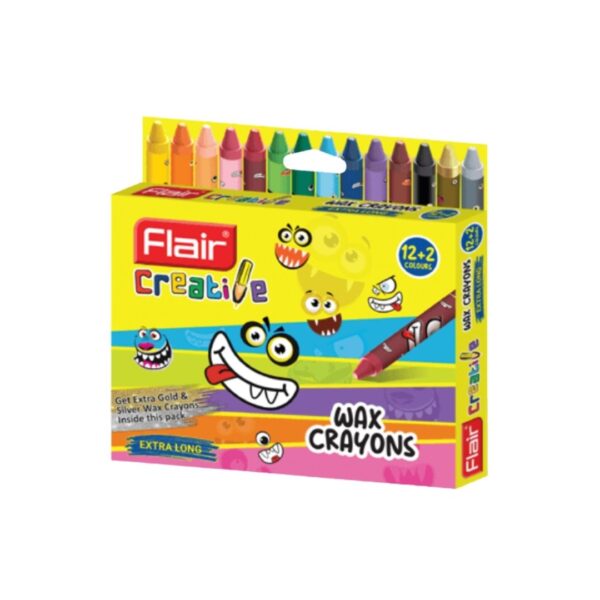 Flair Creative Extra Long Wax Crayons - 12 Shades pack, displaying the length of the crayons.