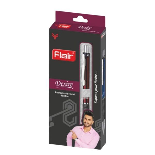 Flair Desire Ball Pen showcasing its shiny metallic body, elegant clip, and chrome-plated parts in various colors.