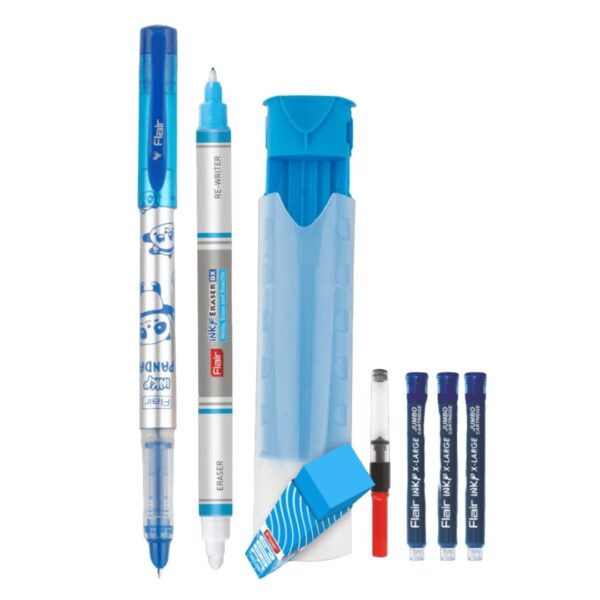 Flair Inky DX Student Kit components laid out: fountain pen, X-Large jumbo ink cartridges, ink converter, Flair Inky eraser, Flair eraser, AeroBox.