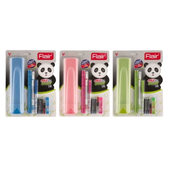 Flair Inky DX Student Kit components laid out: fountain pen, X-Large jumbo ink cartridges, ink converter, Flair Inky eraser, Flair eraser, AeroBox.