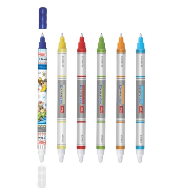 Flair Inky Fountain Pen Eraser on a page, next to a Flair Inky fountain pen, showing erased text.