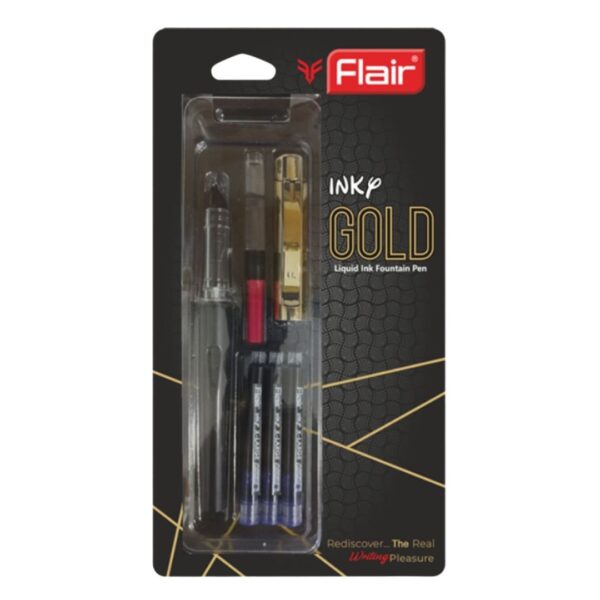 Flair Inky Gold Fountain Pen gleaming with its gold accents, displayed with ink cartridges and converter.