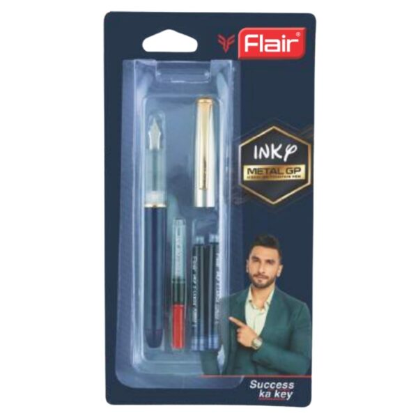 Flair Inky Metal GP Fountain Pen showcasing its sleek silver finish, alongside ink cartridges and converter.