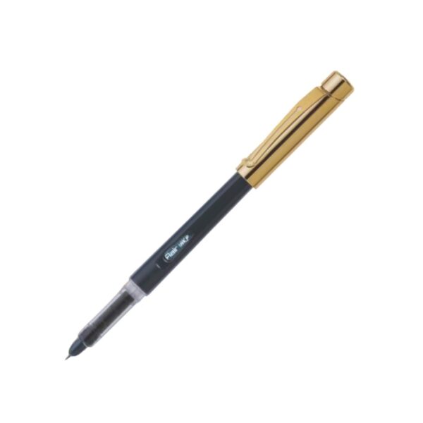 Flair Inky Metal GP Fountain Pen showcasing its sleek silver finish, alongside ink cartridges and converter.