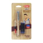 Flair Inky Woody Fountain Pen, showing its wood-grain texture, alongside ink cartridges and converter.