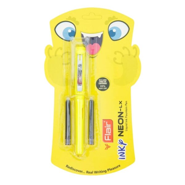 Flair Inky Neon-LX Fountain Pen in various vibrant neon colours, displayed with 2 ink cartridges.