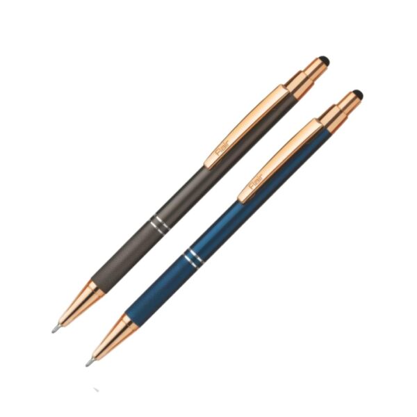 Close-up of the Flair Sensi Ball Pen's rose gold trims and stylus.