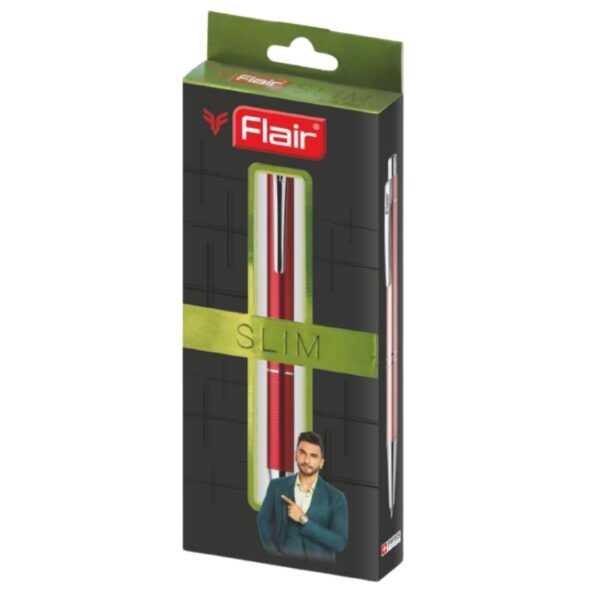 Flair Slim Ball Pen showcasing its long slim body, stylish clip, and chrome-plated parts in various colors.