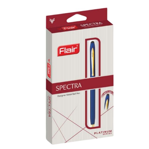 Flair Spectra Metal Ball Pen showcasing its matte finish, stylus, and shiny gold trims.