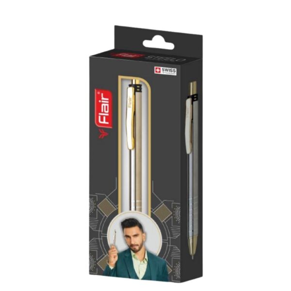 Flair Steelo Metal Ball Pen showcasing its gold finish trims and elegant look.
