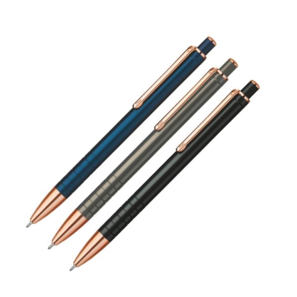 Close-up of the Flair Stellar Metal Ball Pen's rose gold clip and barrel.