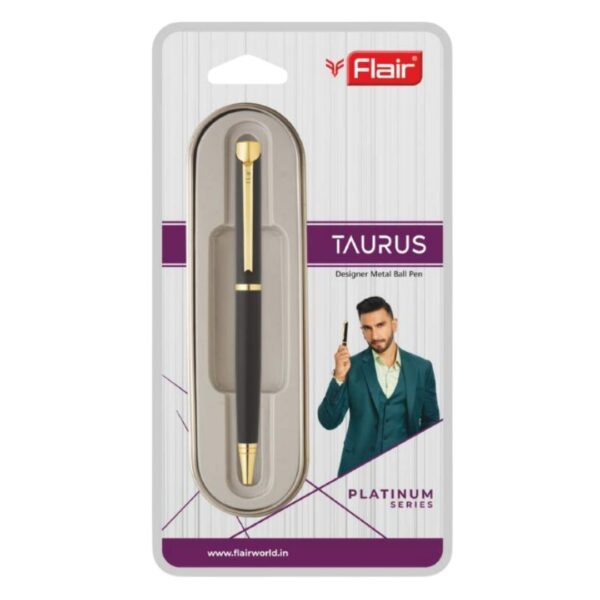 Flair Taurus Metal Ball Pen displayed on an executive desk, suggesting professionalism.
