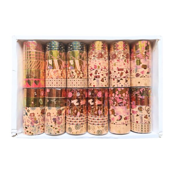A set of 5 Golden Theme Assorted Designs Washi Tapes rolls, displaying various patterns with golden elements.