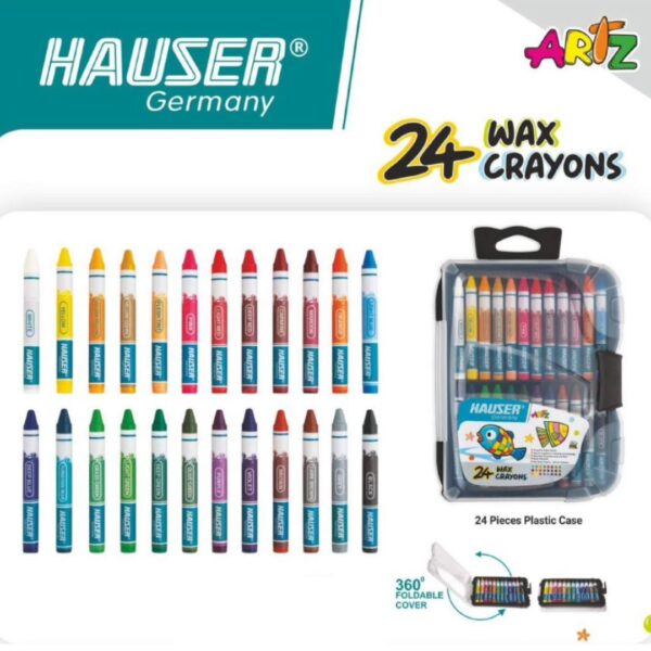 Hauser 24 Shades Wax Crayons box, displaying the vibrant range of colours.