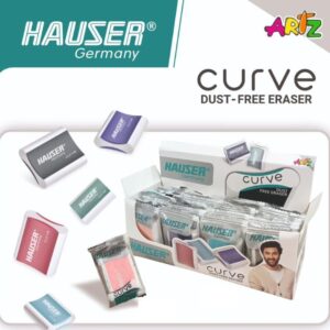 A hand using the Hauser Curve Eraser to cleanly erase a pencil mark, with minimal dust.