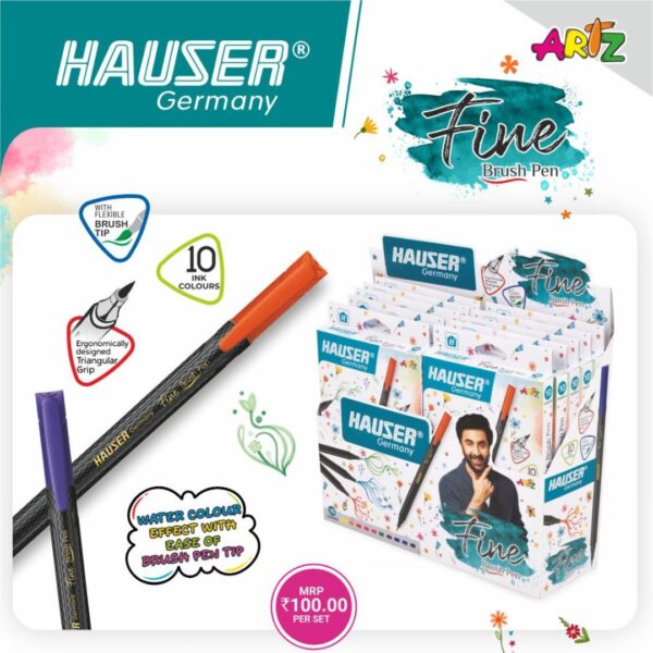 Hauser Fine Brush Pens - 10 Shades laid out, showcasing their colours and brush tips.
