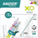 Hauser XO Premium Super Dark Pencils pack, showing all included items: pencils, pod eraser, sharpener, and scale.